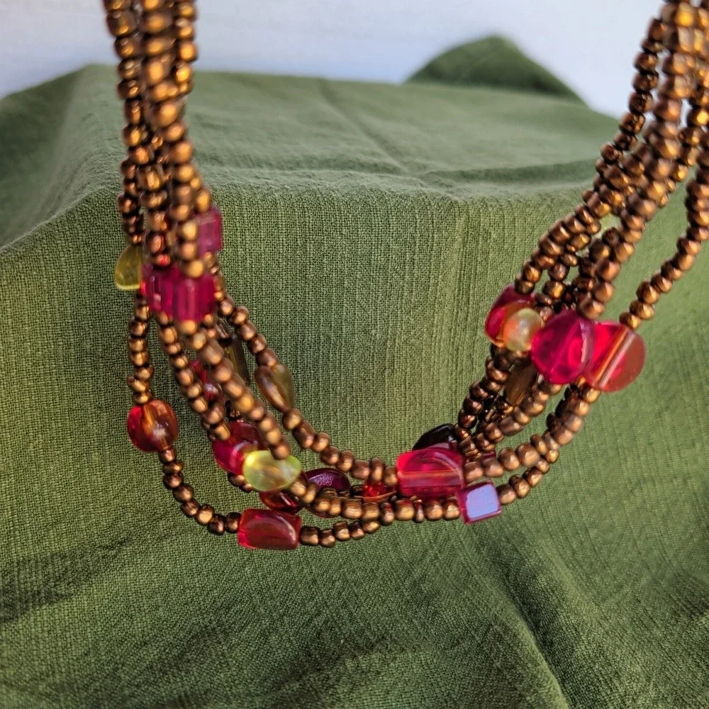 Art Glass Multi Strand Beaded Necklace Brass Tone 6 Strand Boho 16